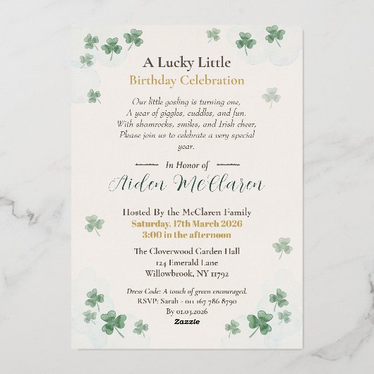 1st Birthday Invitation Card - St. Patrick's Day 箔招待状 (裏面)