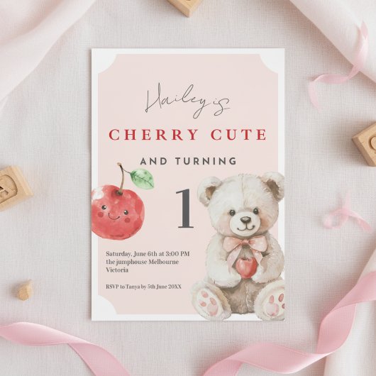 1st Birthday Invitation Cherry Cute Teddy Theme 招待状