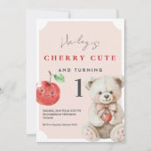 1st Birthday Invitation Cherry Cute Teddy Theme 招待状 (正面)