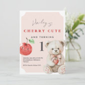 1st Birthday Invitation Cherry Cute Teddy Theme 招待状 (スタンド正面)