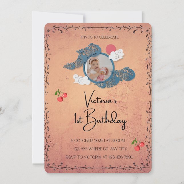 1st Birthday Invitation | Cherry Theme Baby Party (正面)