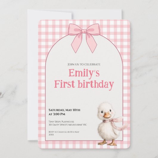 1st Birthday Invitation Gingham Duck Theme Kaart 招待状 (正面)