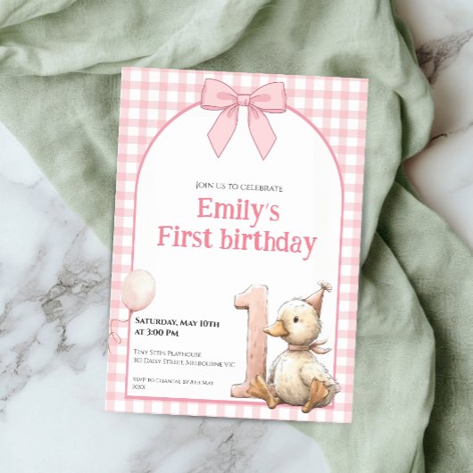1st Birthday Invitation Gingham Duck Theme Kaart 招待状