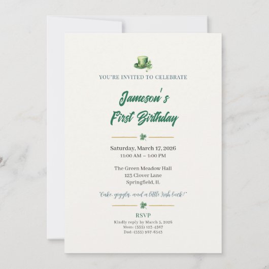 1st Birthday Invitation | Lucky St. Patrick's Day 招待状 (裏面)