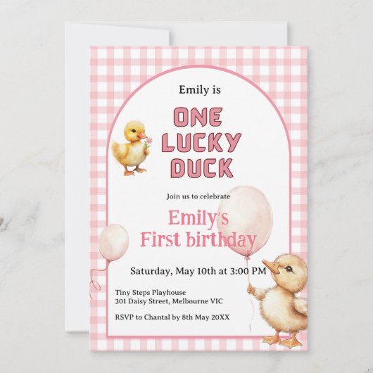1st Birthday Invitation One Lucky Duck Theme 招待状 (正面)