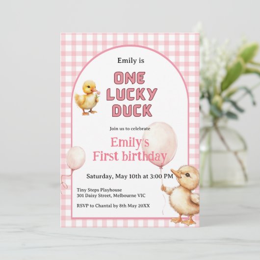 1st Birthday Invitation One Lucky Duck Theme 招待状 (スタンド正面)
