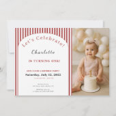 1st Birthday Invitation • Photo Template Red Strip 招待状 (正面)