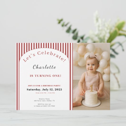 1st Birthday Invitation • Photo Template Red Strip 招待状 (スタンド正面)