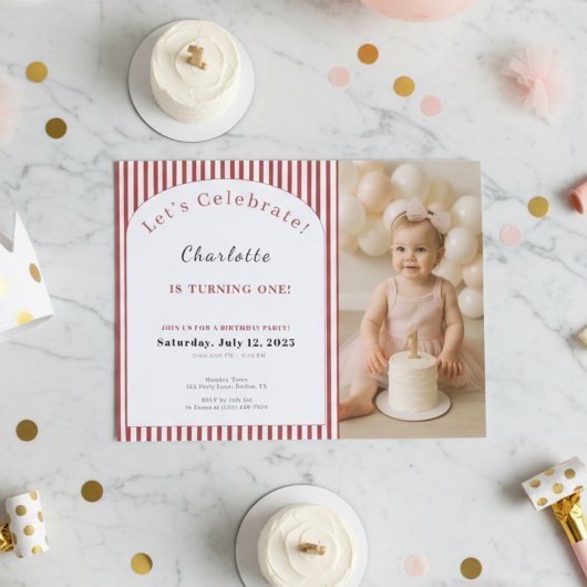 1st Birthday Invitation • Photo Template Red Strip 招待状