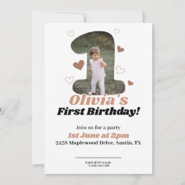 1st Birthday Minimalist Beige Teddy Hearts サンキューカード