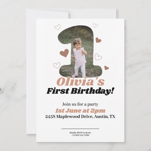 1st Birthday Minimalist Beige Teddy Hearts サンキューカード (正面)