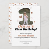 1st Birthday Minimalist Beige Teddy Hearts セーブザデート (正面/裏面)