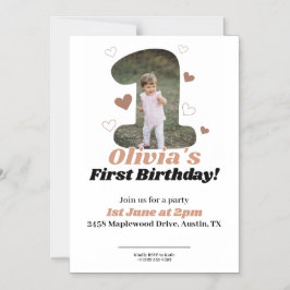 1st Birthday Minimalist Beige Teddy Hearts マグネット招待状