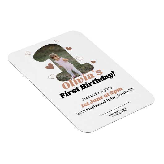 1st Birthday Minimalist Beige Teddy Hearts マグネット (右側)