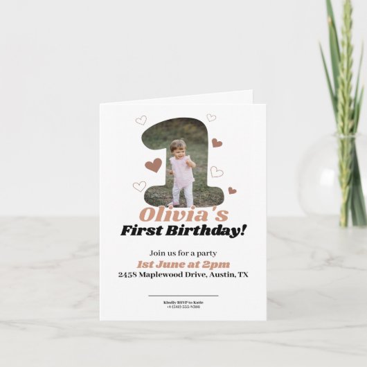 1st Birthday Minimalist Beige Teddy Hearts 招待状 (正面)