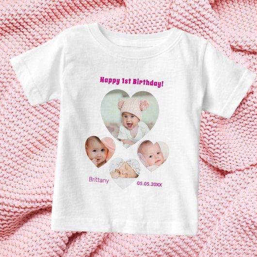 1st Birthday name age photo collage baby girl ベビーTシャツ