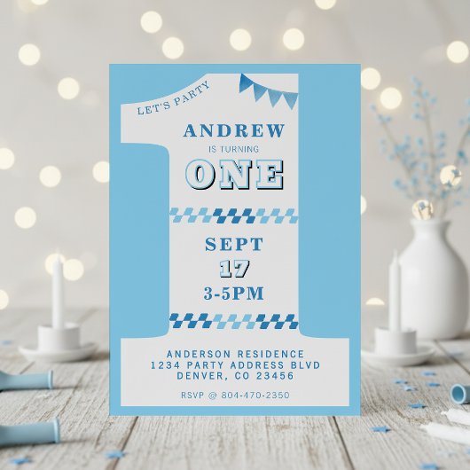 1st Birthday Party Boys Blue One 招待状