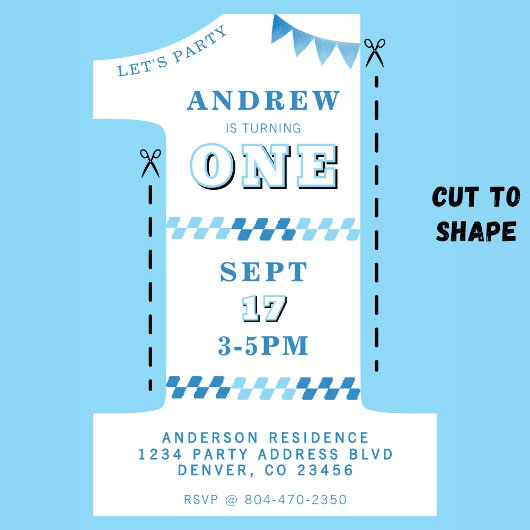 1st Birthday Party Boys Blue One 招待状