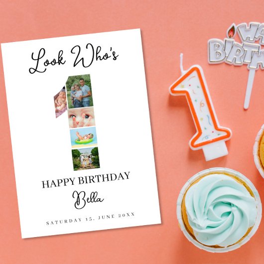 1st Birthday Photo Collage Custom Number 1  カード