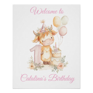 1st Birthday Poster Sign Highland Cow ポスター