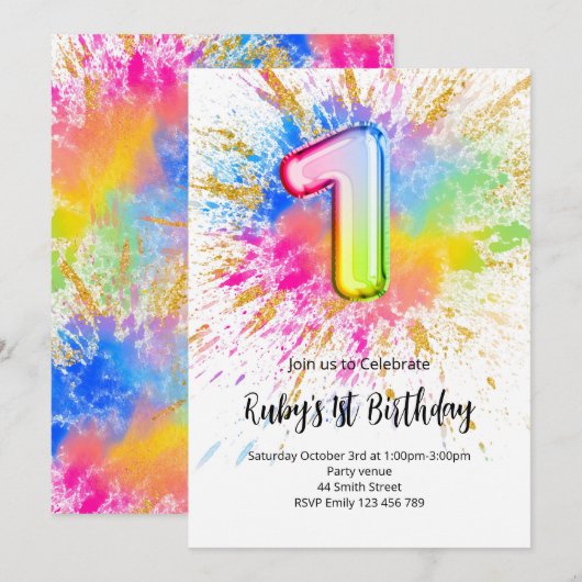 1st Birthday Rainbow Paint Splash Invitation 招待状 (正面/裏面)