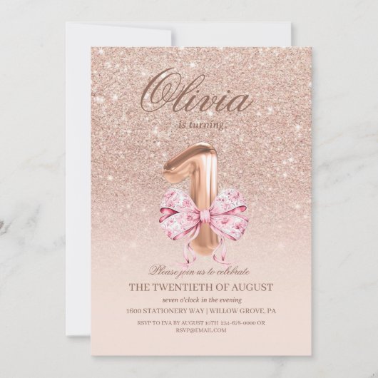 1st Birthday Rose Pink Gold  Bow Birthday Party  招待状 (正面)