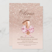 1st Birthday Rose Pink Gold  Bow Birthday Party  招待状 (正面/裏面)