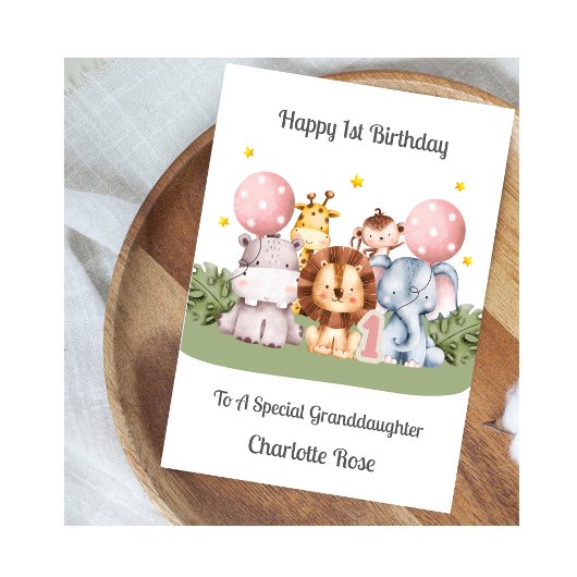 1st Birthday Safari Leaf Animals Card カード
