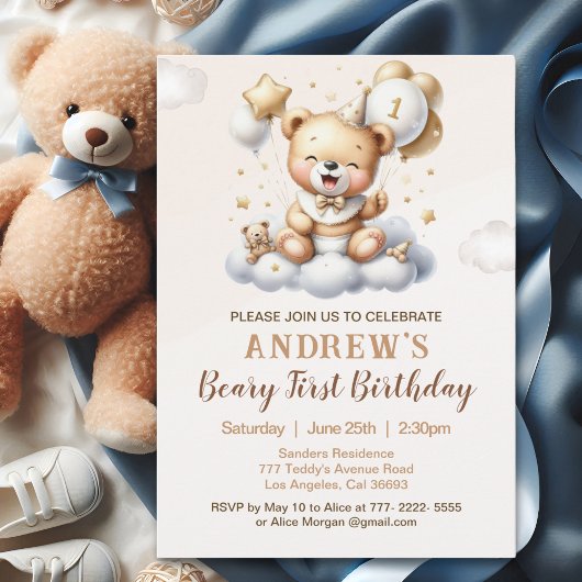 1st Birthday Teddy Bear with Brown Balloons 招待状