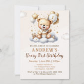 1st Birthday Teddy Bear with Brown Balloons 招待状 (正面)