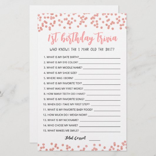 1st Birthday Trivia編集可能ゲーム (正面/裏面)