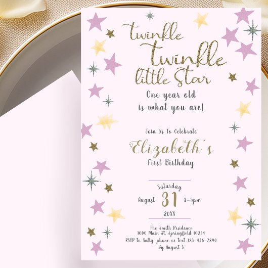 1st Birthday Twinkle Little Star Pink Girl  招待状