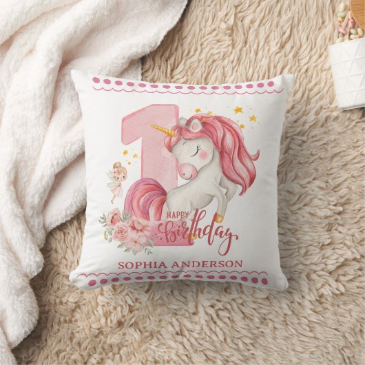 1st Birthday Unicorn Pink Little Girl  クッション (ブランケット)