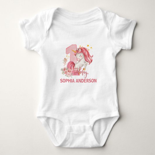 1st Birthday Unicorn Pink Little Girl ベビーボディスーツ (正面)