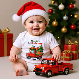 1st Christmas, cown text, Tree Haulin’ & Gift Ball ベビーボディスーツ