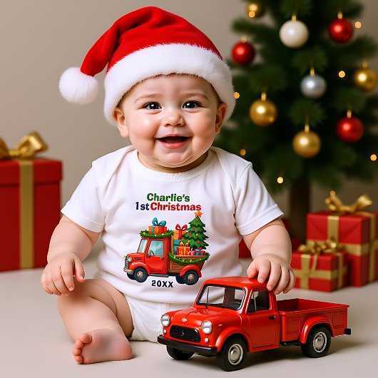1st Christmas, cown text, Tree Haulin’ & Gift Ball ベビーボディスーツ