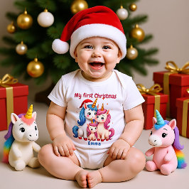 🎄1st Christmas, custom text, Unicorns & Mistletoe ベビーボディスーツ
