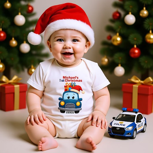 1st Christmas, custom text, Vroom for the Holidays ベビーボディスーツ