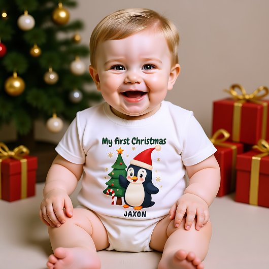 🎄1st Christmas, custom text, Waddle & Wonder ベビーボディスーツ