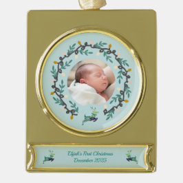 1st Christmas Deer with Wreath Teal ゴールドプレートバナーオーナメント