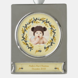 1st Christmas Deer with Wreath Yellow シルバープレートバナーオーナメント