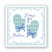 1st Christmas Mittens Blue Bow Holiday シール (正面)