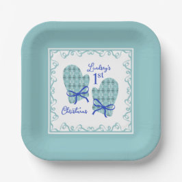1st Christmas Mittens Blue Bow Holiday ペーパープレート