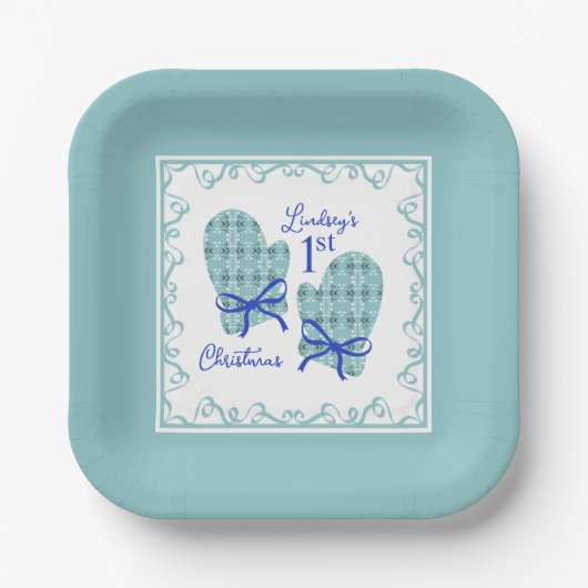 1st Christmas Mittens Blue Bow Holiday ペーパープレート (正面)