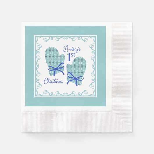 1st Christmas Mittens Blue Bow Holiday 縁ありカクテルナプキン (正面)