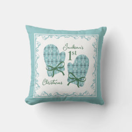 1st Christmas Mittens Green Bow Holiday クッション