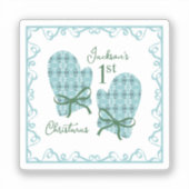 1st Christmas Mittens Green Bow Holiday シール (正面)