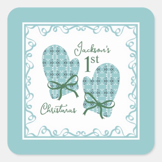 1st Christmas Mittens Green Bow Holiday スクエアシール (正面)