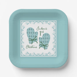 1st Christmas Mittens Green Bow Holiday ペーパープレート