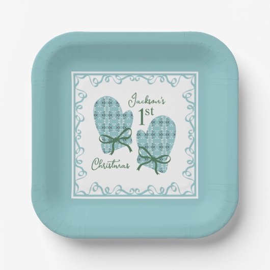 1st Christmas Mittens Green Bow Holiday ペーパープレート (正面)